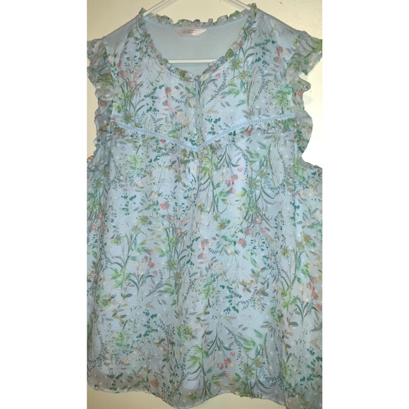 Powder Blue Babydoll Top Blouse LAUREN CONRAD Cottage Core Floral Pastel L - Picture 8 of 16